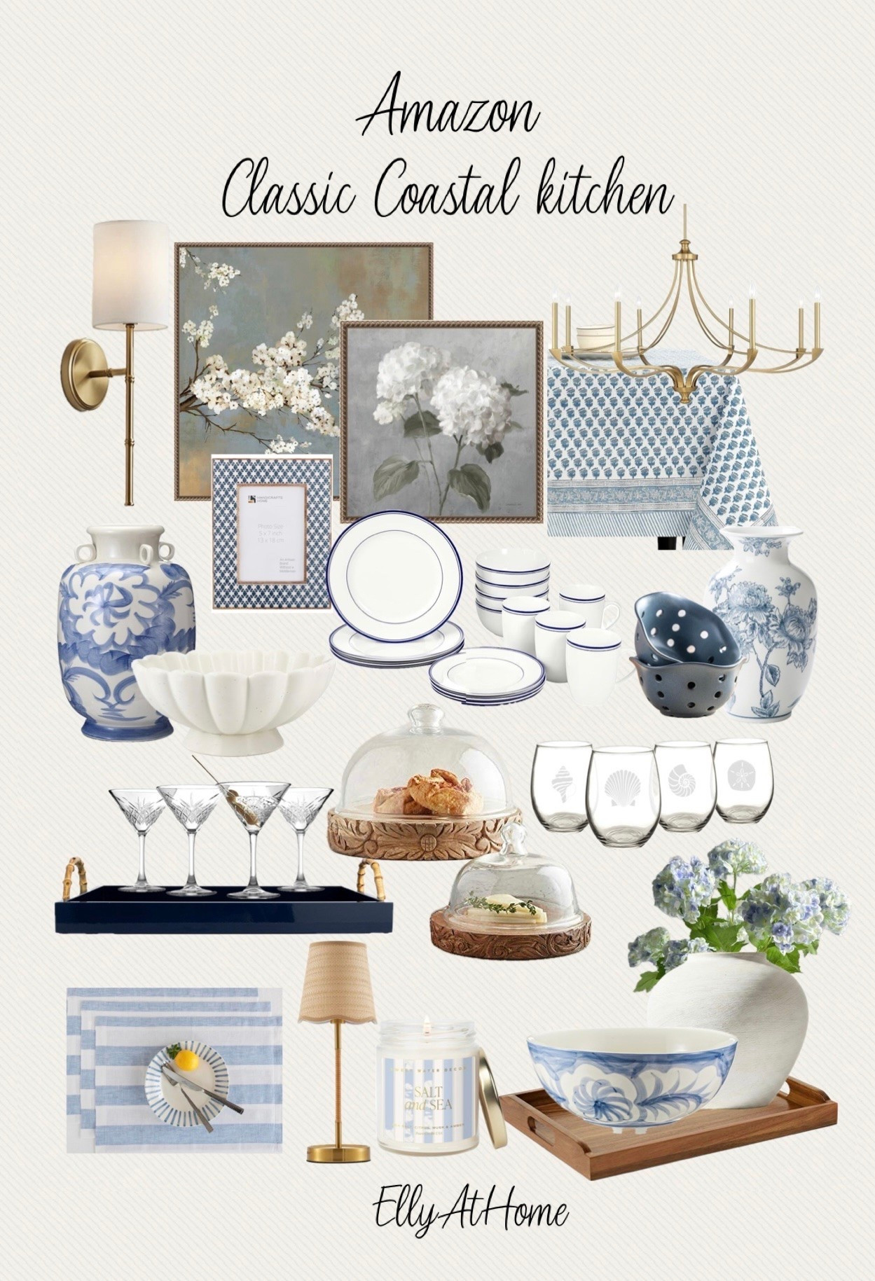 Classic coastal kitchen and accessories styling from Amazon home! Shop beautiful lighting, blue accessories, trays, vases, bowls, dinnerware, glassware, artwork, florals + more! Free shipping.