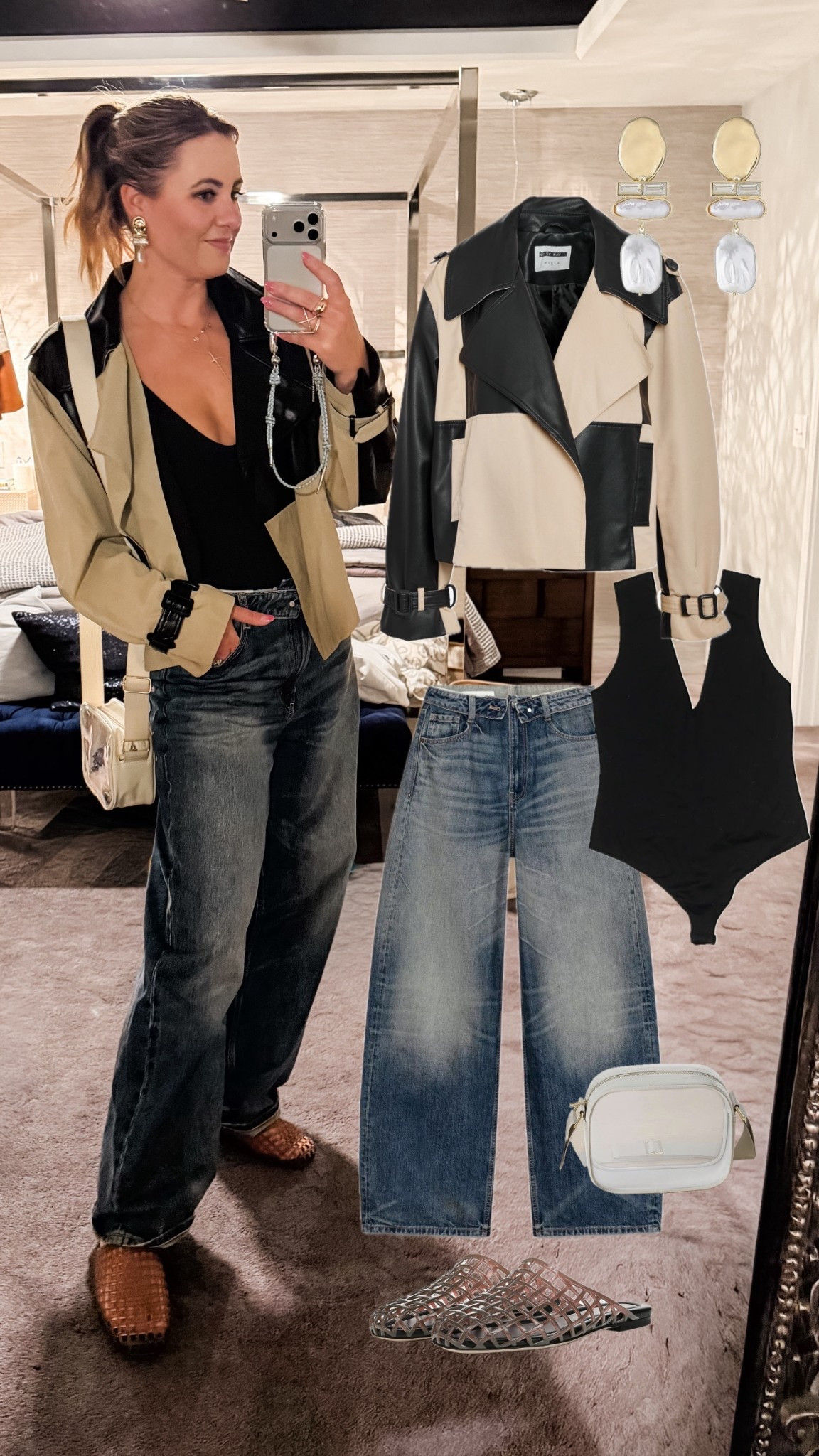 Concert look. Exact jeans are Zara and jacket is an old boutique find (linking similar options)
Concert outfit, date night look, color block jacket, cropped trench, dad jeans, baggy jeans, bodysuit, jelly shoes, slides, clear bag, organic pearl earrings, statement earrings, nest jewelry shoes, Monica vinader dupes, cult Gaia look for less

#LTKOver40