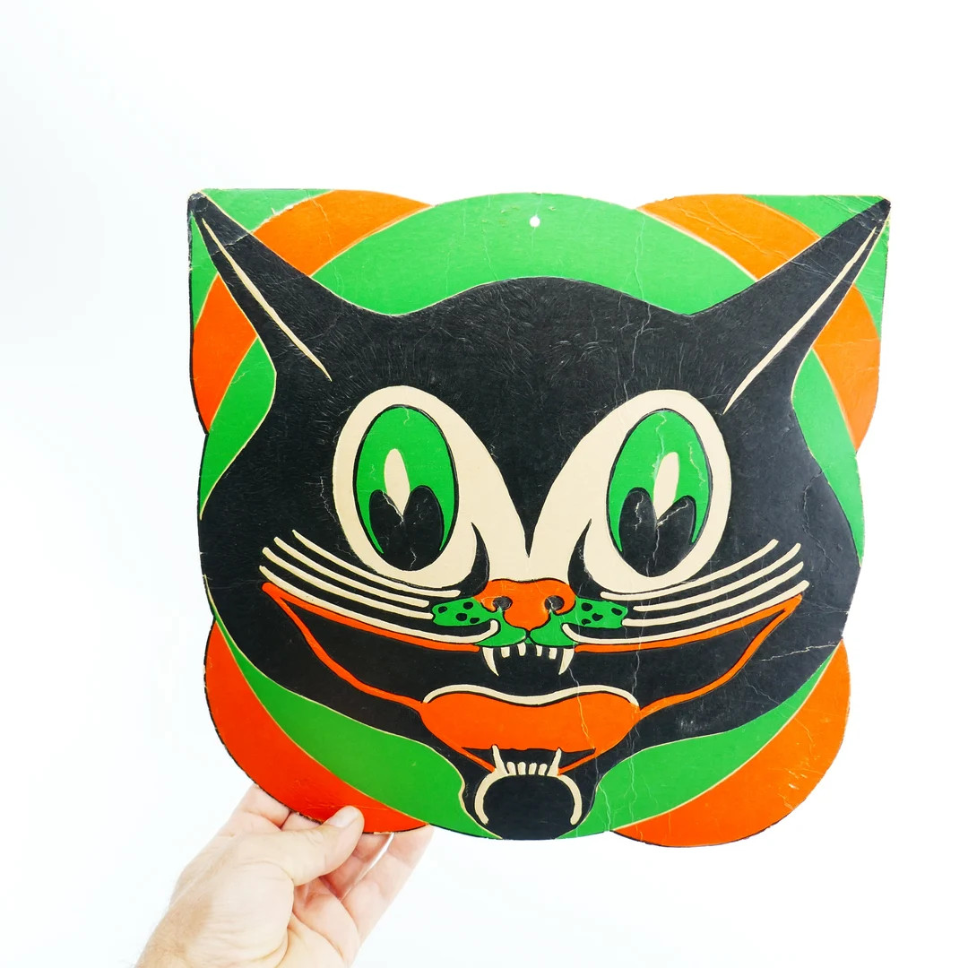 Antique Cardboard Embossed Die Cut Black Cat Trick or Treat Halloween Decoration Made in USA Oran... | Etsy (US)