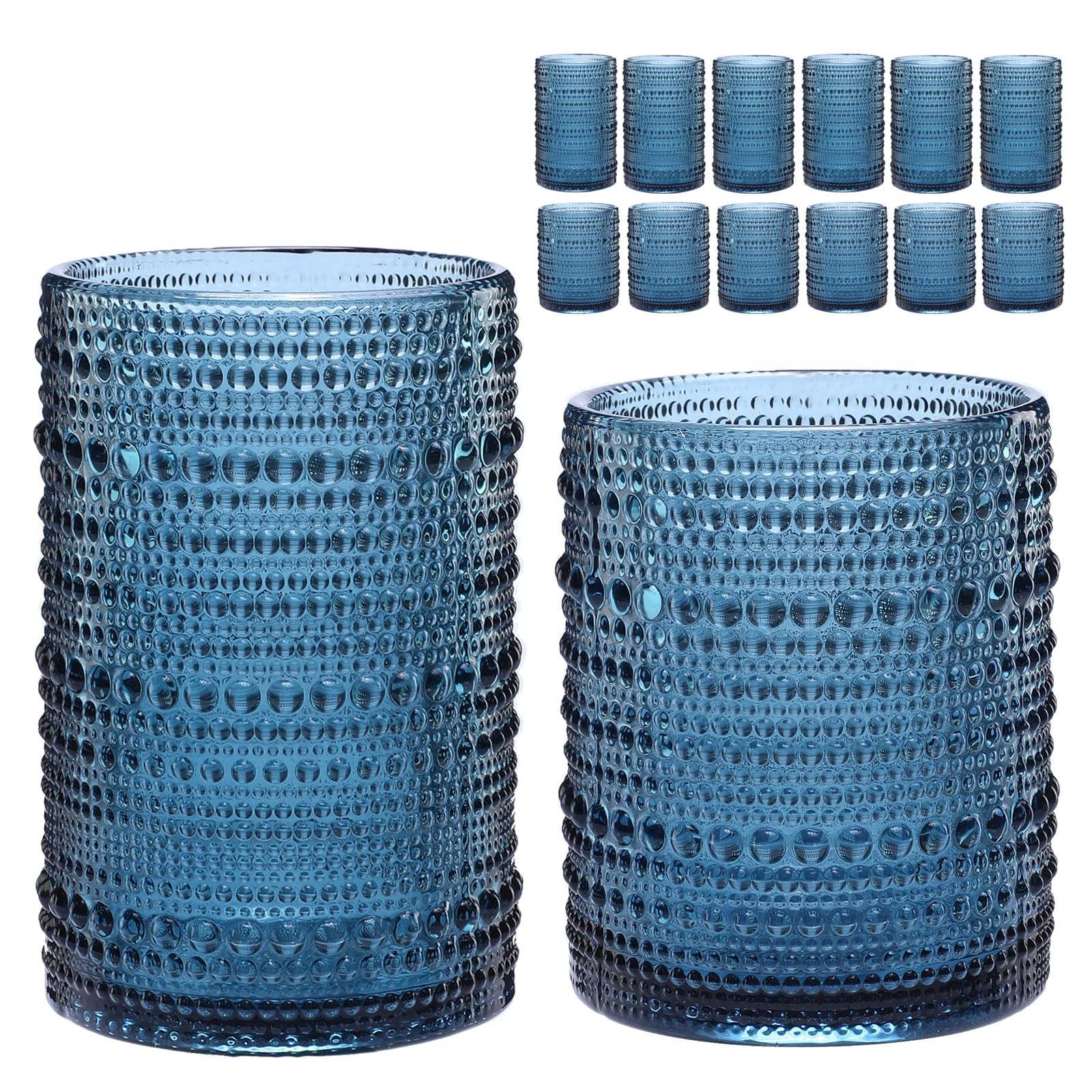 Vintage Glassware Drinking Glasses Set of 12,Blue 12oz & 15oz Hobnail Glass Cups,Embossed Water T... | Amazon (US)