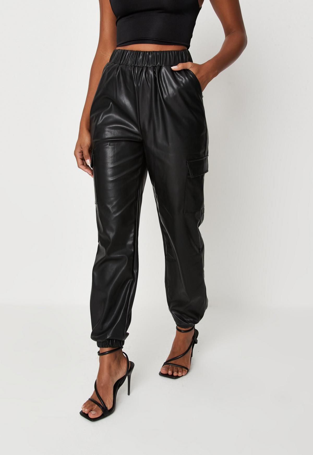 Missguided - Black Faux Leather Cargo Joggers | Missguided (US & CA)