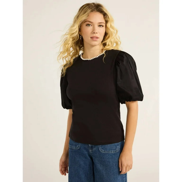 Free Assembly Women's and Women's Plus Cotton Mixy Top with Beaded Trim and Puff Sleeves, Size XS... | Walmart (US)