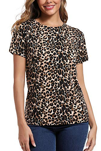 S.ROMZA Summer T-Shirt Women's Leopard Short Sleeve Shirt Loose Round Neck Tee Casual Top (Leopard, Medium) | Amazon (US)