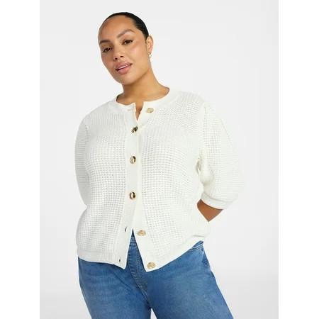 Terra & Sky Women s Plus Size Textured Crewneck Cardigan with Short Sleeves Midweight Size 0X-5X | Walmart (US)