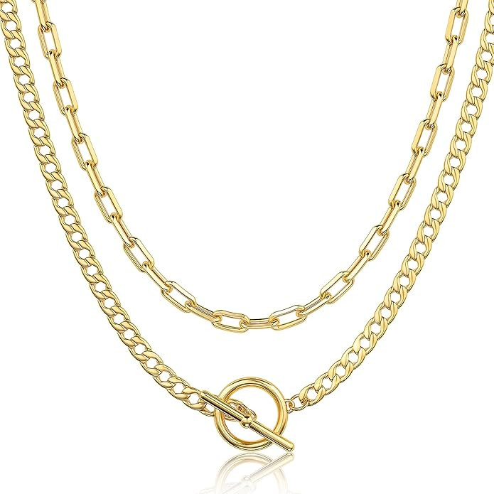 CHESKY Layered Necklaces for Women, 14K Gold Plated Chain Necklace Women Trendy Cuban Link Paperc... | Amazon (US)