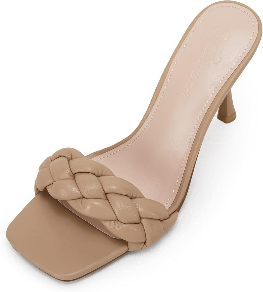 Ermonn Womens Square Open Toe Heeled Sandals Braided Stiletto Mule Faux Leather Slip On Quilted High | Amazon (US)