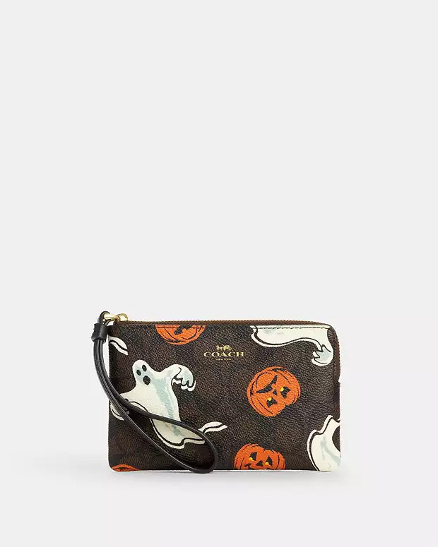 Corner Zip Wristlet In Signature Canvas With Halloween Print | Coach Outlet US