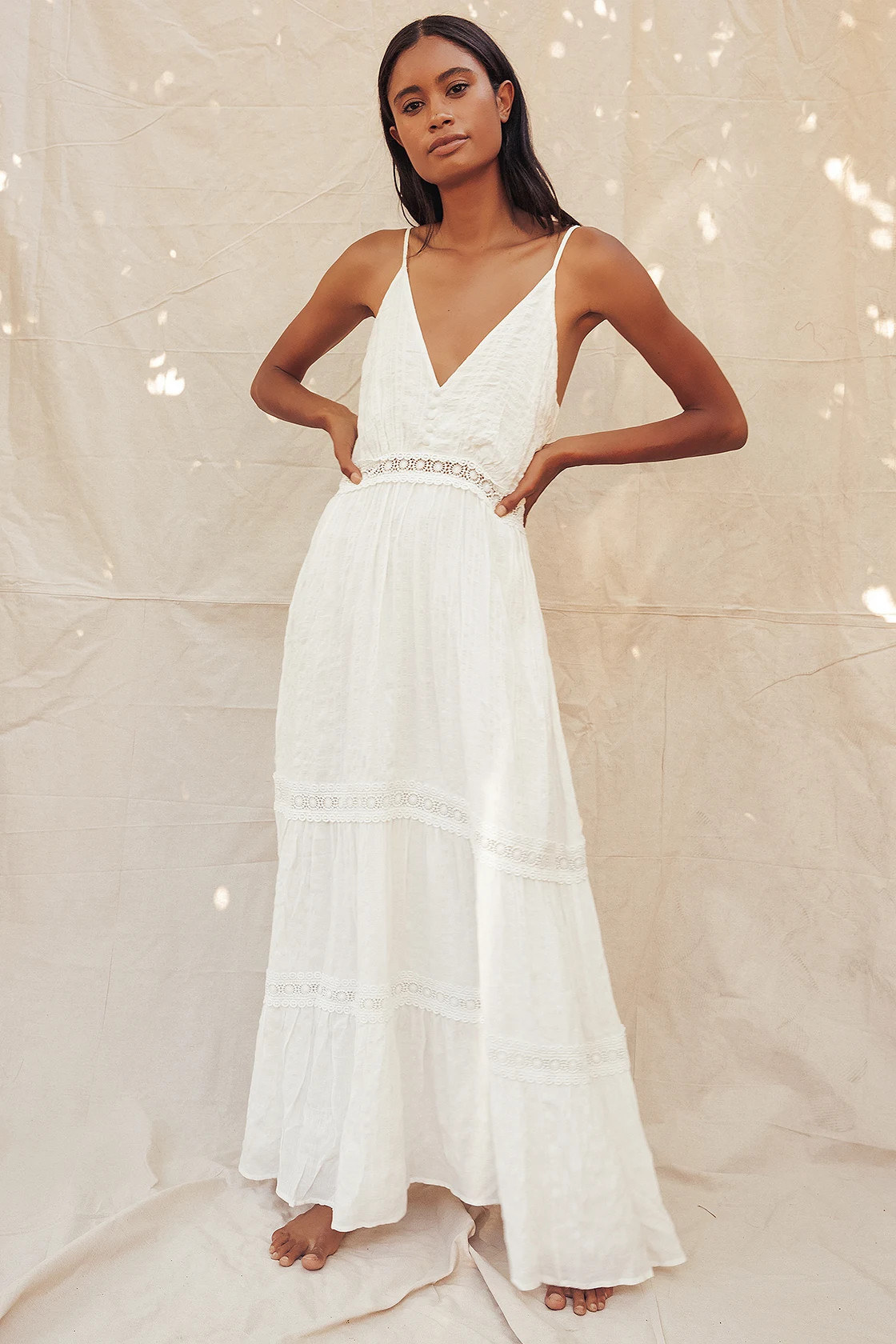 Light Breeze White Striped Crochet Lace Tiered Maxi Dress | Lulus (US)