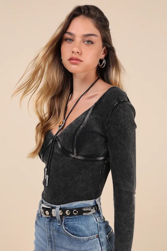 Trendsetting Confidence Washed Black Ribbed Long Sleeve Bodysuit | Lulus