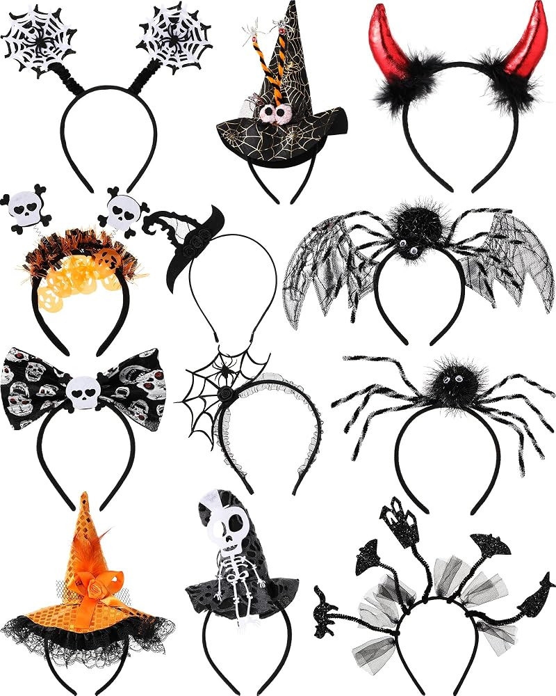 Jexine 12 Pack Halloween Headbands Witch Spider Skull Bat | Amazon (US)