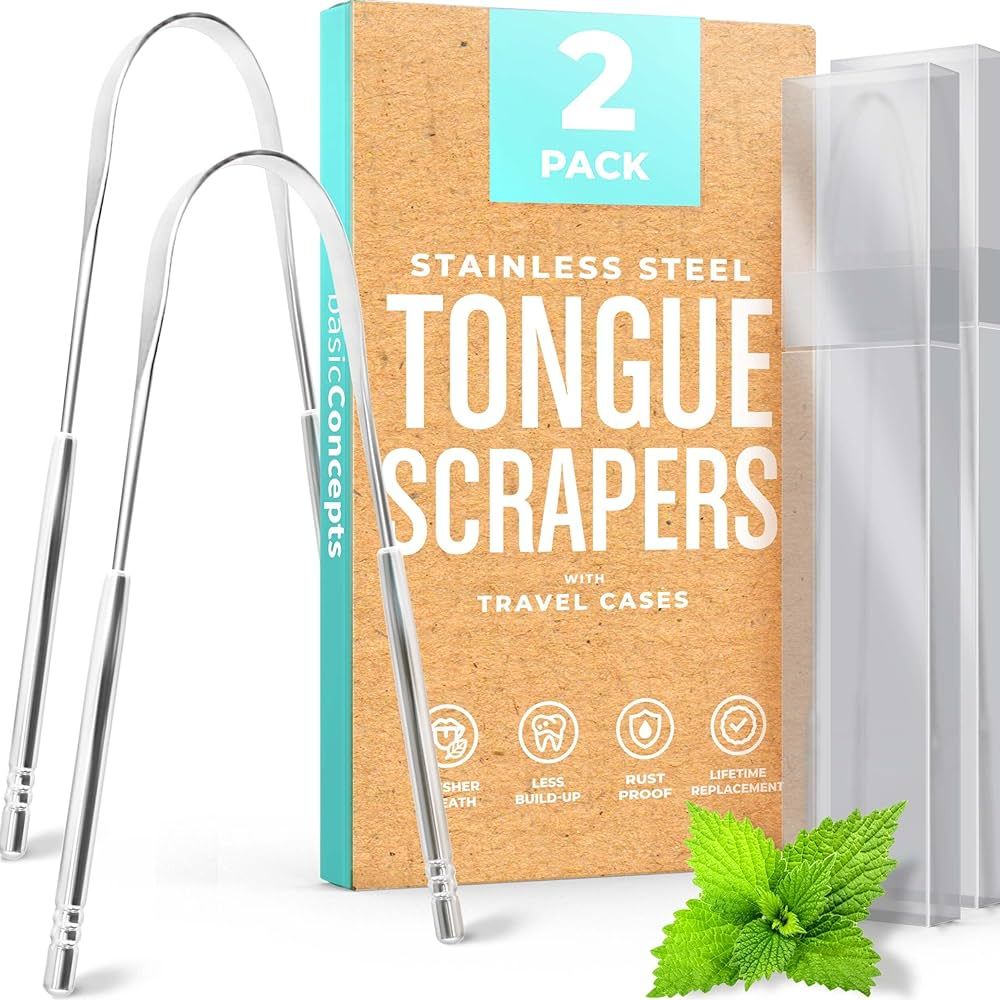 BASIC CONCEPTS Tongue Scraper for Adults (2 Pack), Reduce Bad Breath (Travel Cases Included), Sta... | Amazon (US)