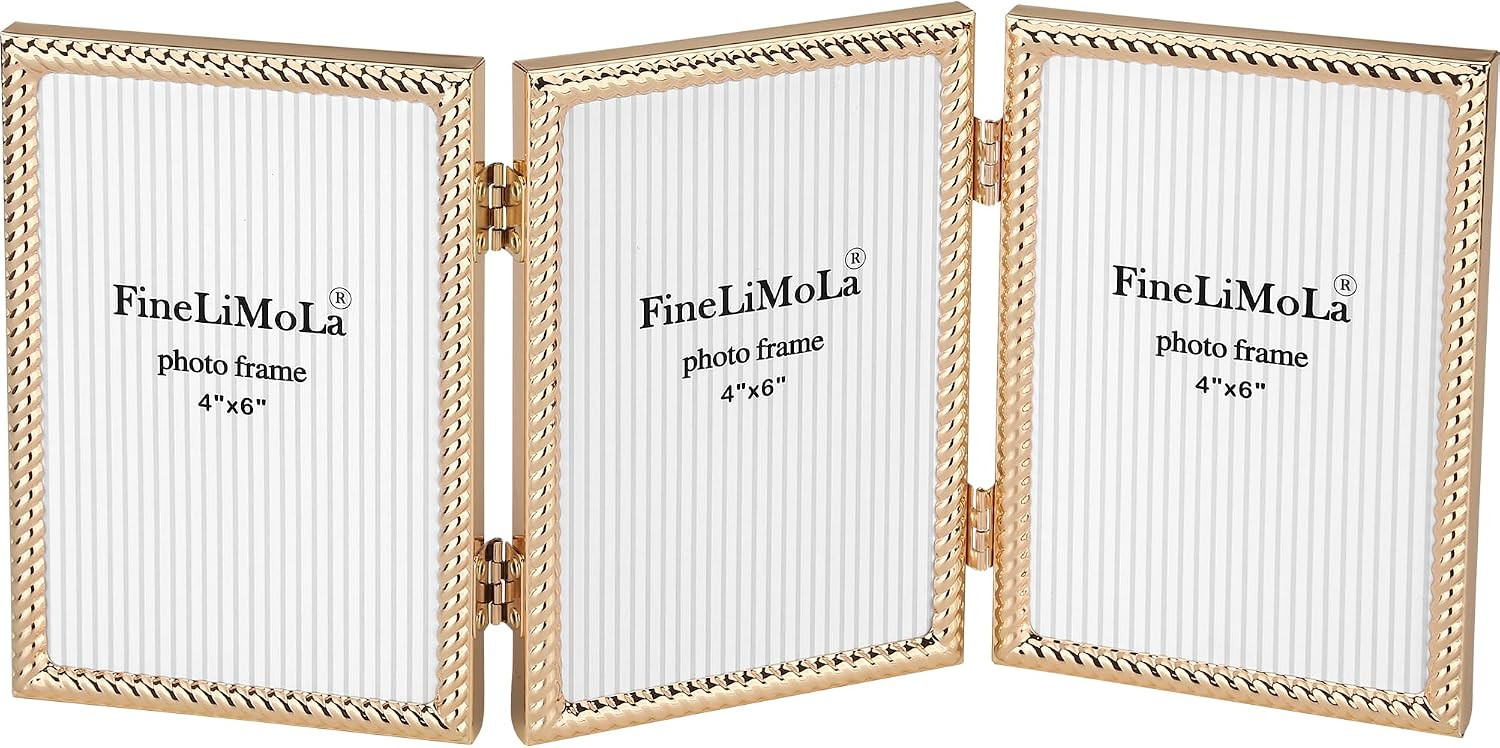 4x6'' Gold Hinged Triple Baby Nursy Picture Frames,Rope Design Metal Cute Photo Frame with Black Velvet Backing and Real Glass Front,for Tabletop and Shelf Display | Amazon (US)