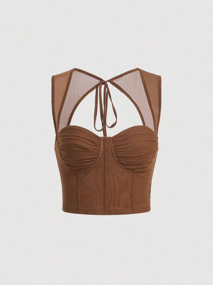 SHEIN MOD Tie Backless Ruched Bustier Mesh Panel Tank Top | SHEIN