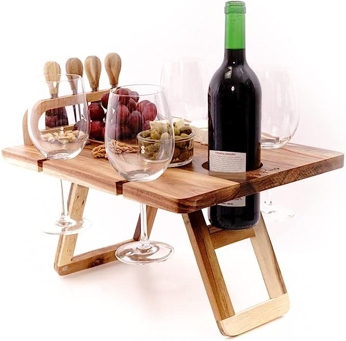 Mypicnito Portable Picnic Wine Acacia Table - Perfect for Outdoor or as Cheese Tray - Cutlery Set... | Amazon (US)
