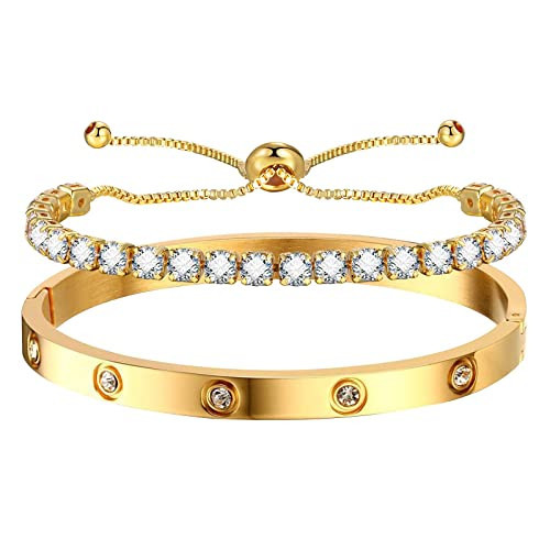 MPRAINBOW 2pcs Gold Chain Link Bracelet - Stainless Steel Love Cubic Zirconia Crystal Friendship Bracelet Bangle,Watch Band Chain Wristband Jewelry with Adjust Tool | Amazon (US)