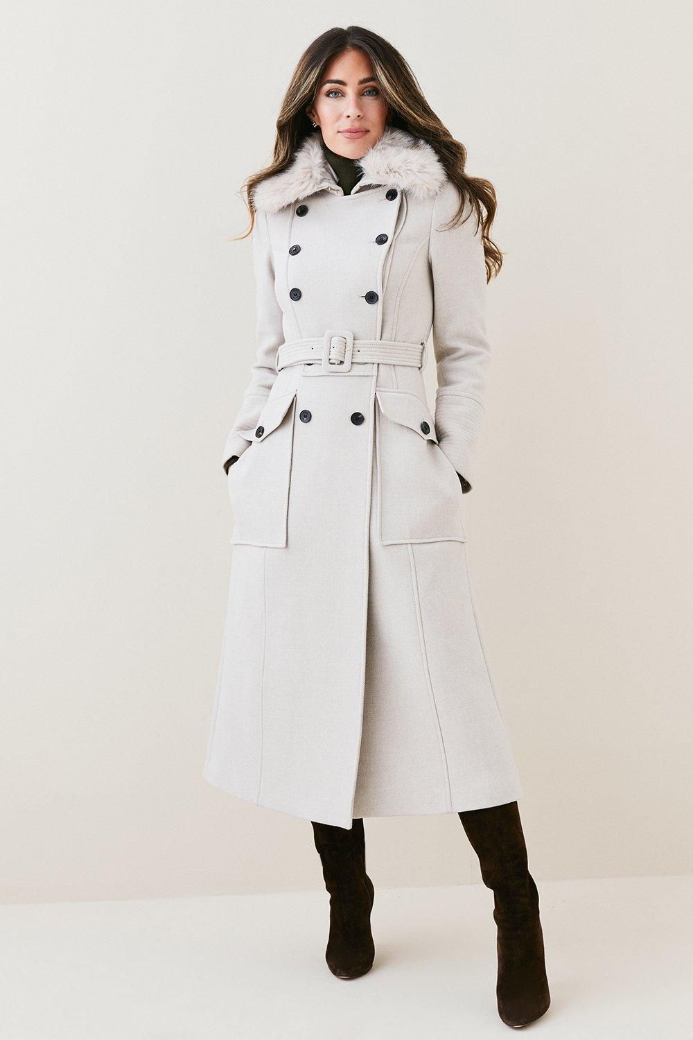 Lydia Millen Italian Wool Faux Fur Collar Longline Coat | Karen Millen US