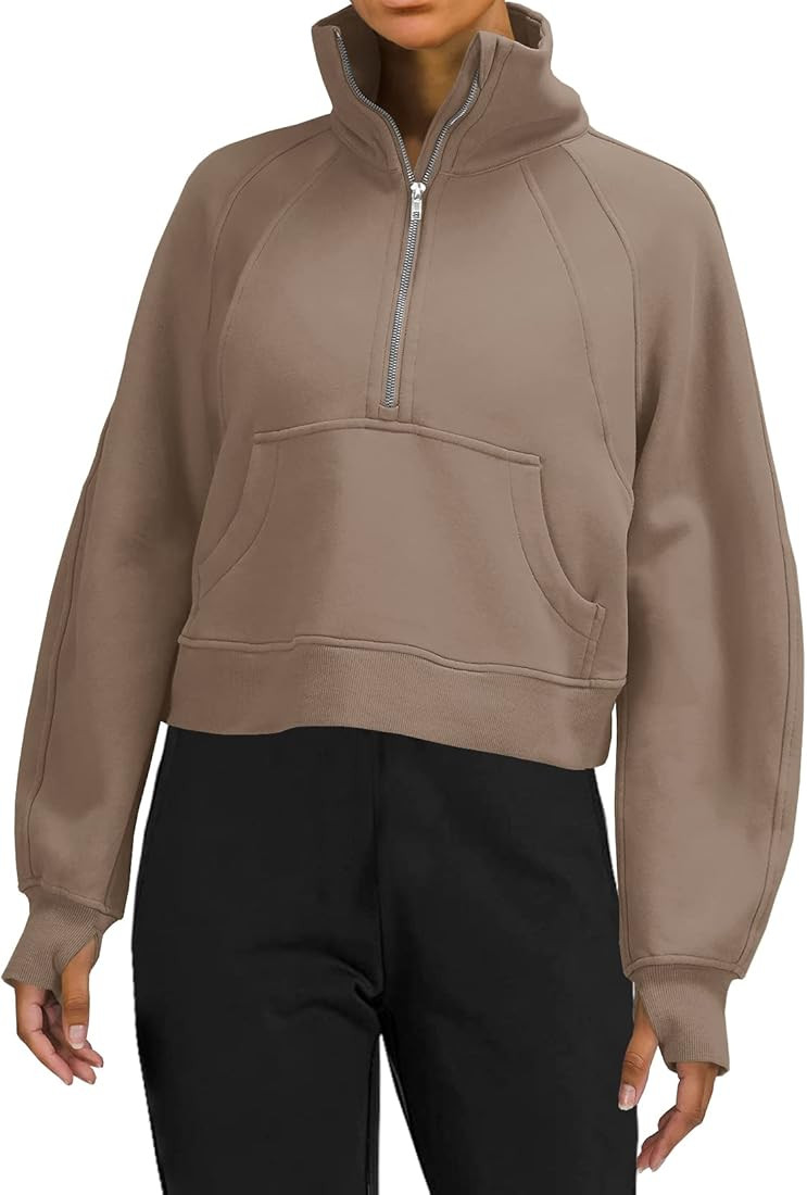 BONITEE Women Long Sleeve Half Zip Fleece Lined Collar Sweatshirts Workout Crop Top Sweatshirt Pu... | Amazon (US)