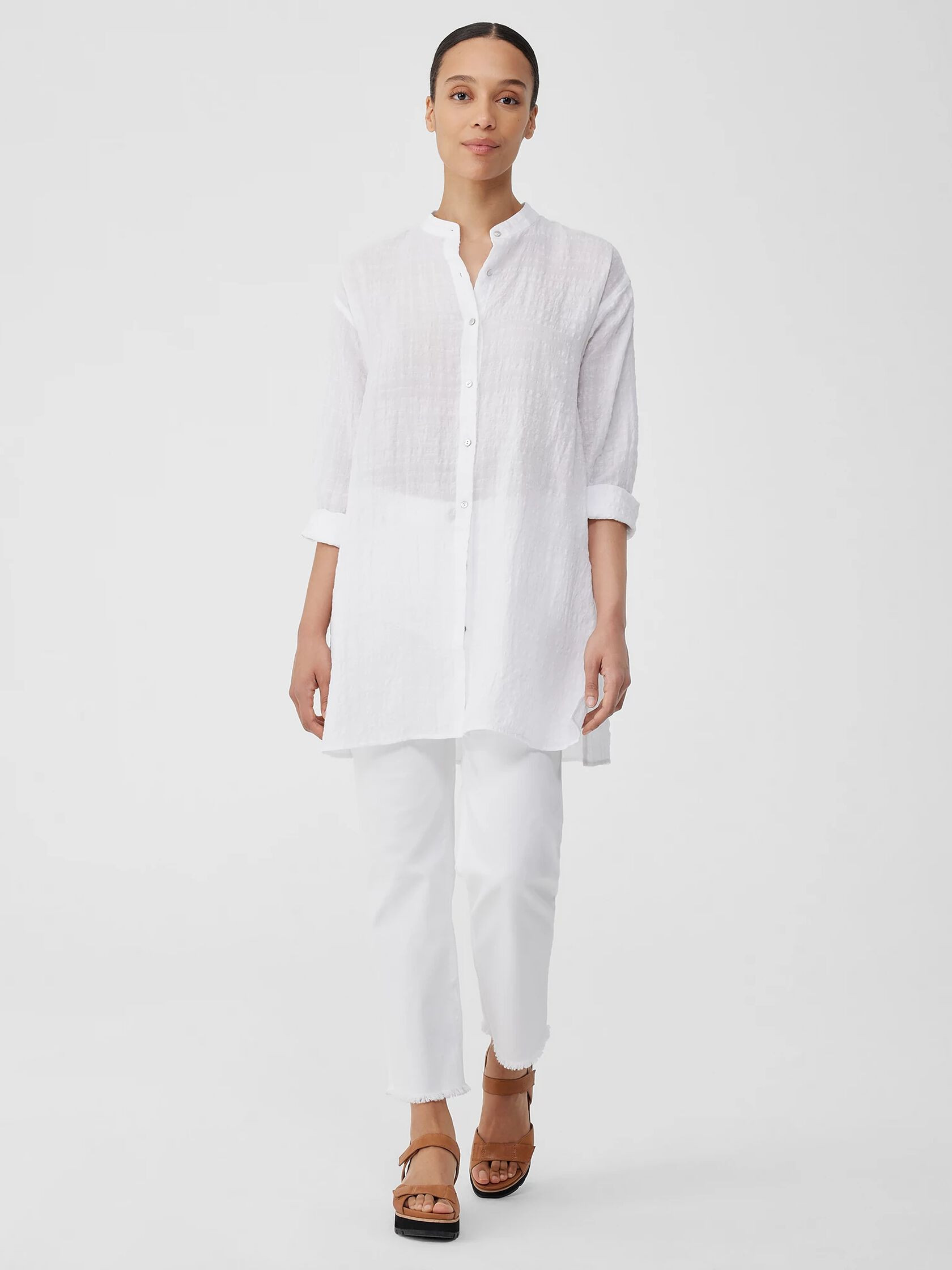 Linen Cotton Sheer Check Mandarin Collar Long Shirt | Eileen Fisher