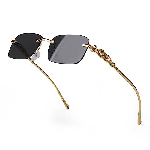 piscm Vintage Rimless Rectangle Sunglasses for Women Men,Trendy Gold Metal Frameless Square Sun Glasses Transparent Eyewear(Gold/Grey) | Amazon (US)