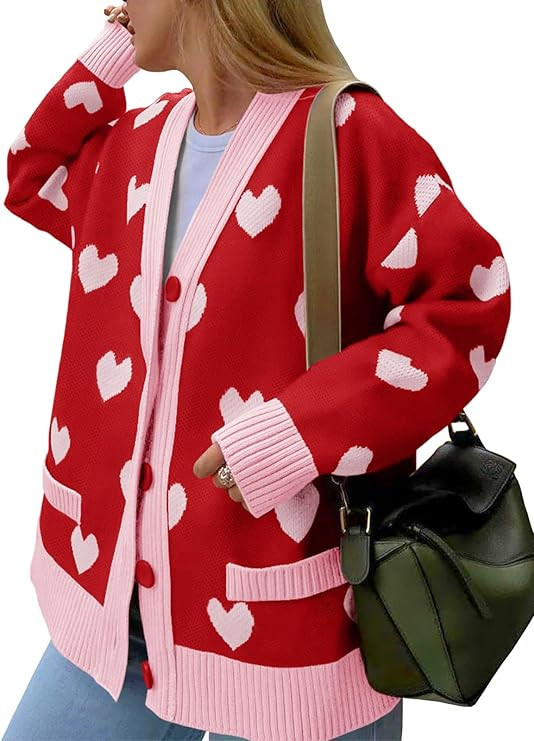 Saodimallsu Womens Oversized Heart Cardigan Color Block V Neck Button Long Sleeve Chunky Valentin... | Amazon (US)