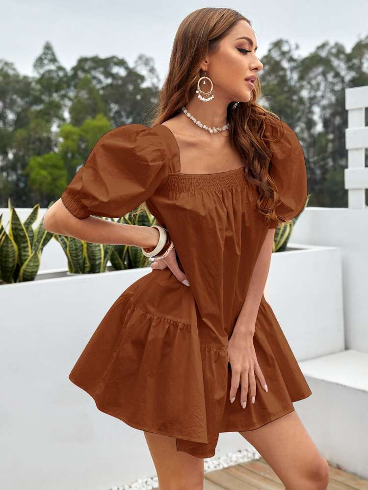 Solid Puff Sleeve Babydoll Dress | SHEIN
