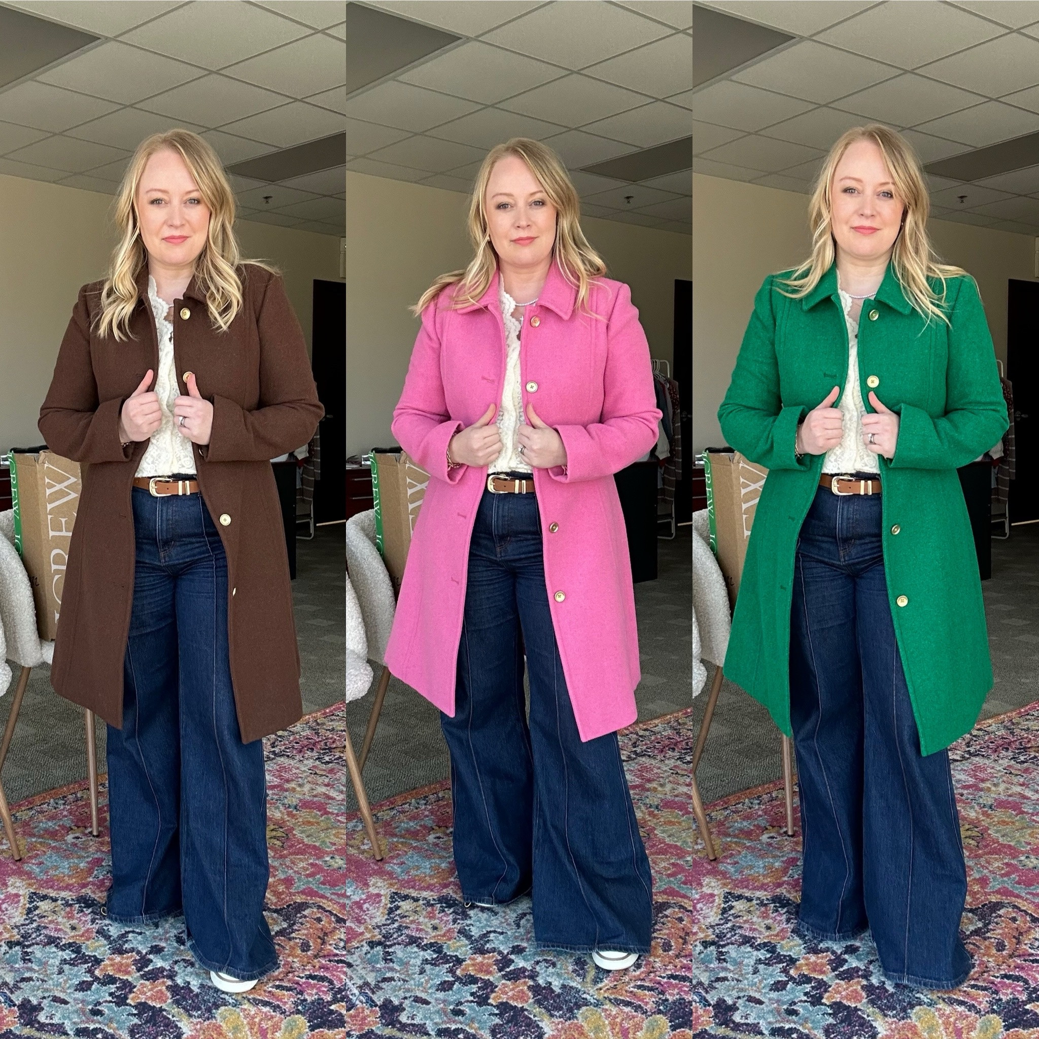 A stunning winter coat. Cinched in more at the waist. Runs a bit small. Consider sizing up. Especially if you want to wear sweaters underneath. 
Brown: spring & autumn
Pink: spring & winter
Green: winter 
HOC Spring
HOC Autumn
HOC Winter 