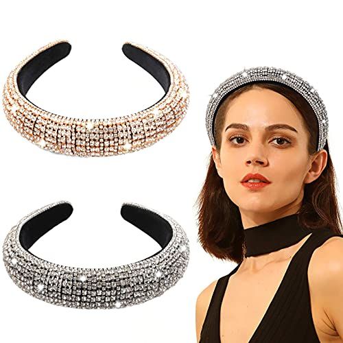 2PCS Bling Padded Rhinestone Headband Diamond Crystal Beaded Wide Headband Bejewelled Hairband Luxur | Amazon (US)