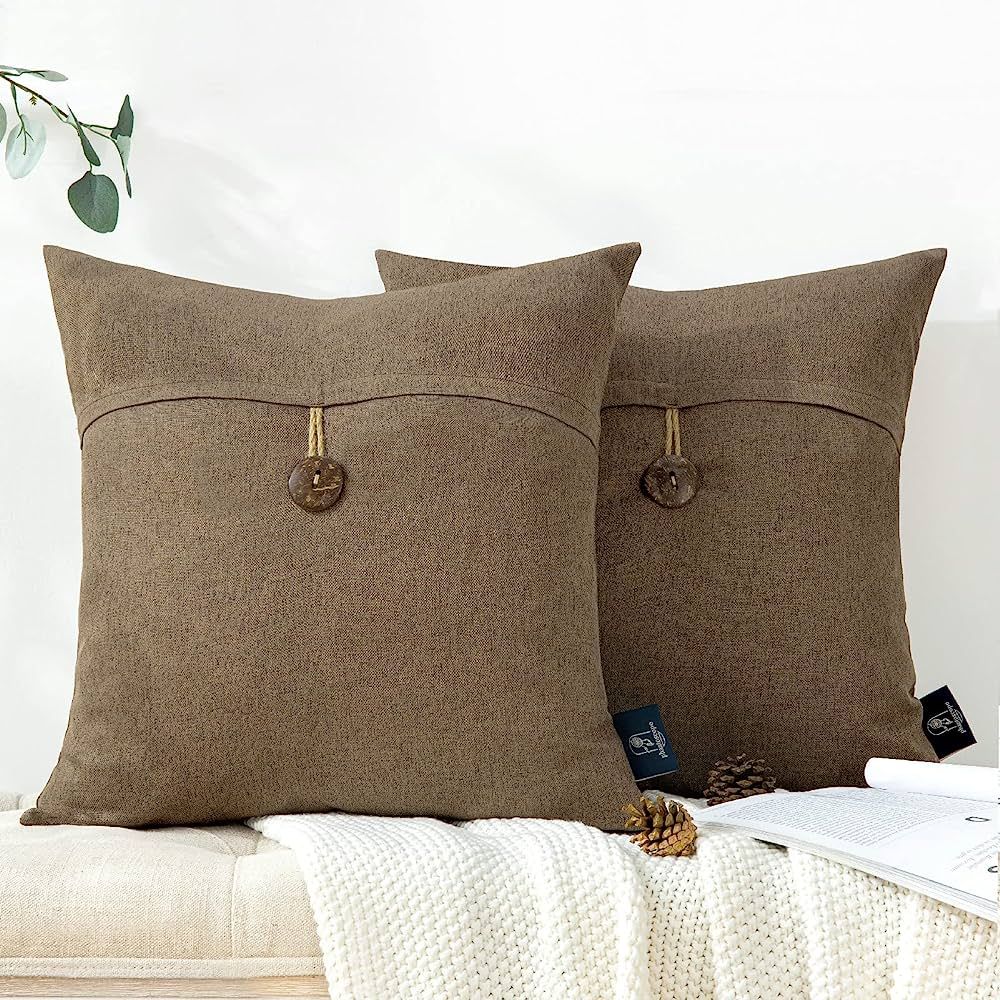 Phantoscope Pack of 2 Farmhouse Throw Pillow Covers Premium Coconut Button Vintage Linen Solid De... | Amazon (US)