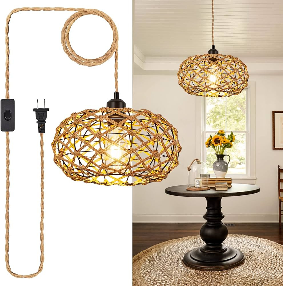 Plug in Pendant Light, Farmhouse Hanging Chandelier Lights with 15Ft Hemp Rope Cord, Hand Woven H... | Amazon (US)