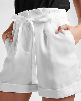 Super High Waisted Belted Linen-Blend Cuffed Shorts | Express