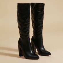 Women Side Zip Point Toe Chunky Heeled Black Knee High Classic Boots | SHEIN