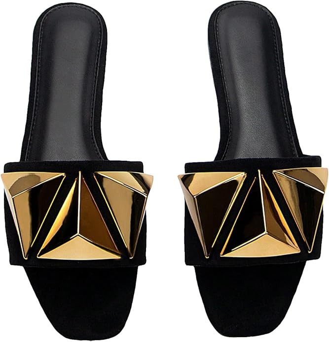 GORGLITTER Women's Studded Gold Flat Sandals Dressy Square Open Toe Summer Vacation Slip on Slide... | Amazon (US)