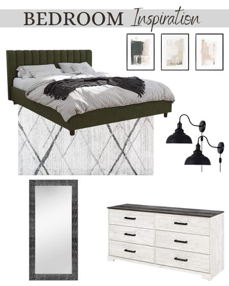 Bedroom furniture, bed frame, area rug, wall art, wall lights, dresser, floor mirror 

#LTKhome #LTKSeasonal #LTKstyletip