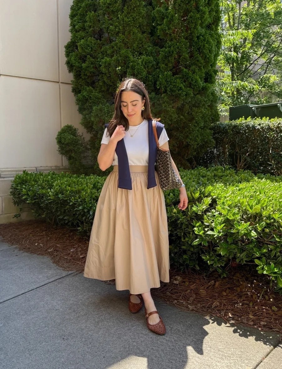 A chic khaki midi skirt paired with a quality white tee and woven flats is honestly the ultimate classic outfit formula. So polished and so easy to keep coming back to!

early fall outfit, transitional look, Amazon fashion, casual chic outfit, woven ballet flats, chic basics

#LTKootd #LTKPetite #LTKU