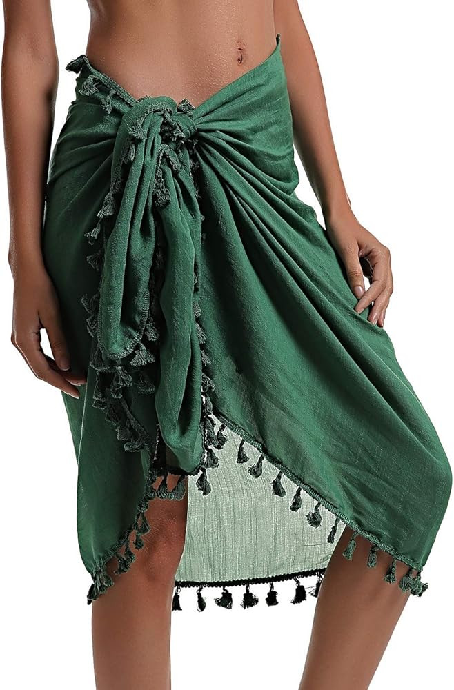Eicolorte Beach Sarong Pareo Womens Semi-Sheer Swimwear Cover Ups Short Skirt with Tassels | Amazon (US)
