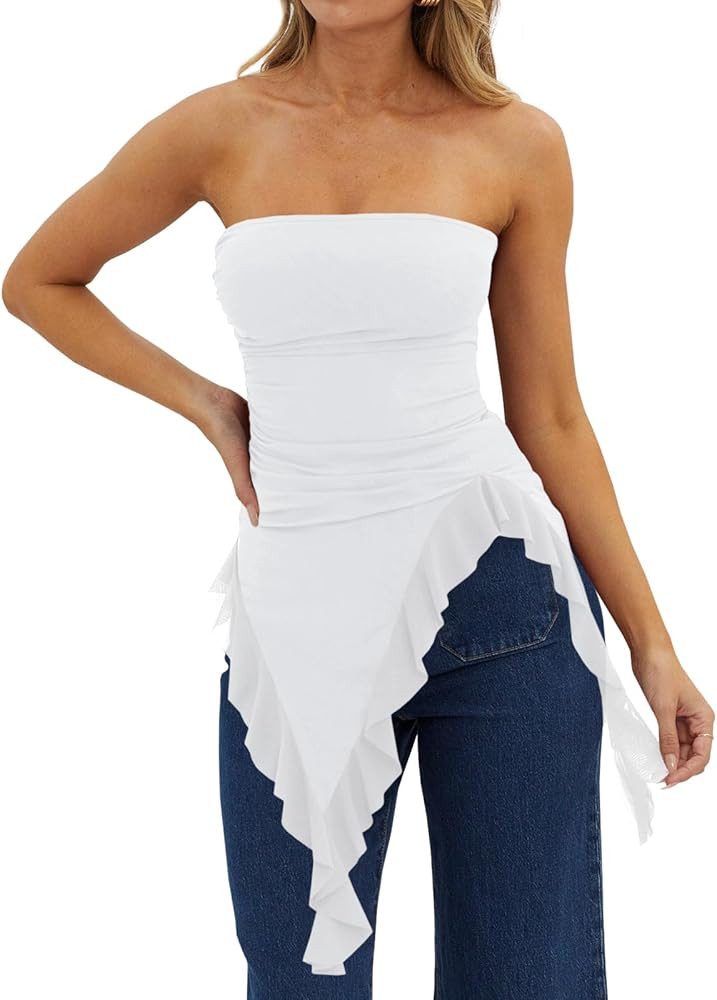 Imily Bela Womens Asymmetrical Tube Top Strapless Ruffle Hem Slim Fitted Shirts Y2K Going Out Top... | Amazon (US)