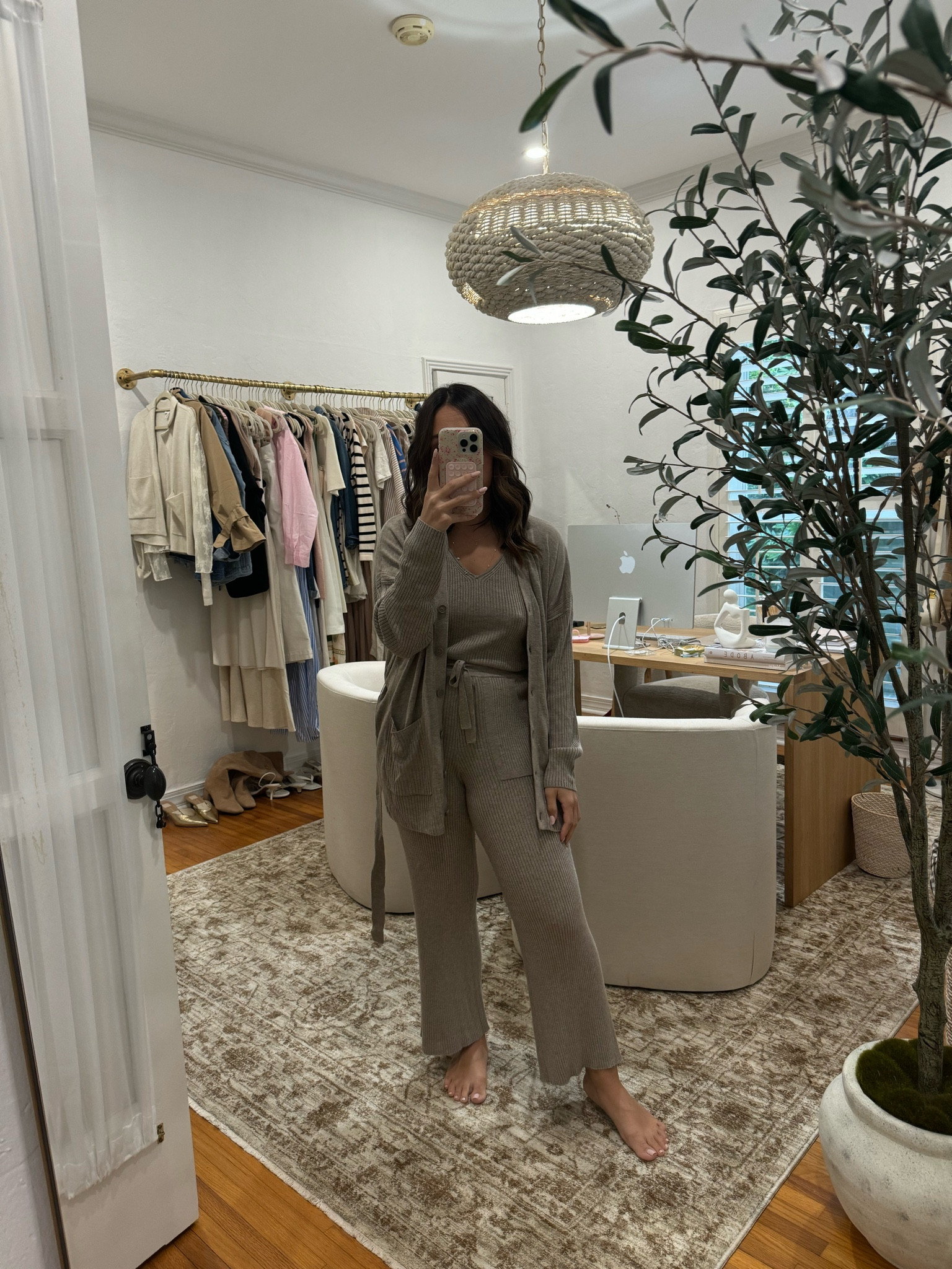 Small cardigan medium tank and pants! Use code LAUREN20