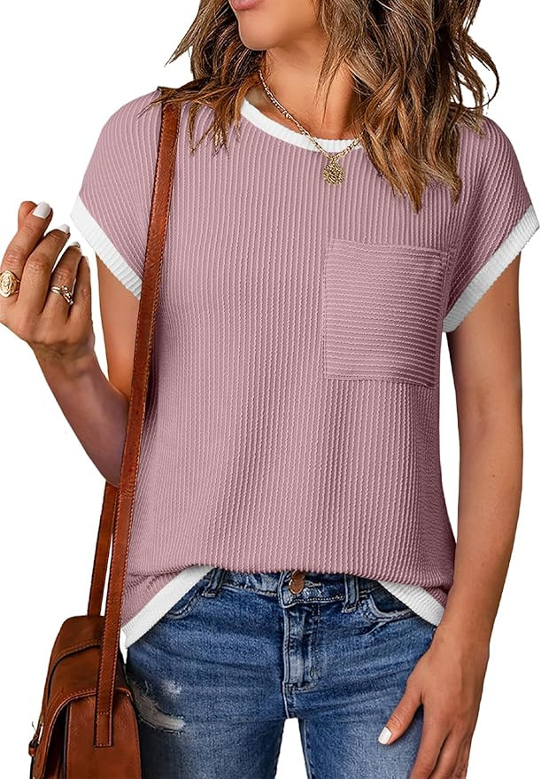 EVALESS Women's Short Sleeve T Shirts Crewneck Color Block Ribbed Knit Tee Blouses 2026 Trendy Su... | Amazon (US)