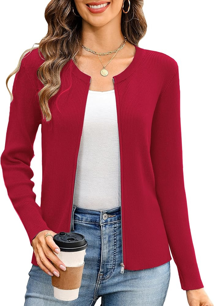 Totatuit Women's Long Sleeve Zip Up Sweater Lightweight Cardigan Crew Neck Tops Zipper Knitted Ja... | Amazon (US)