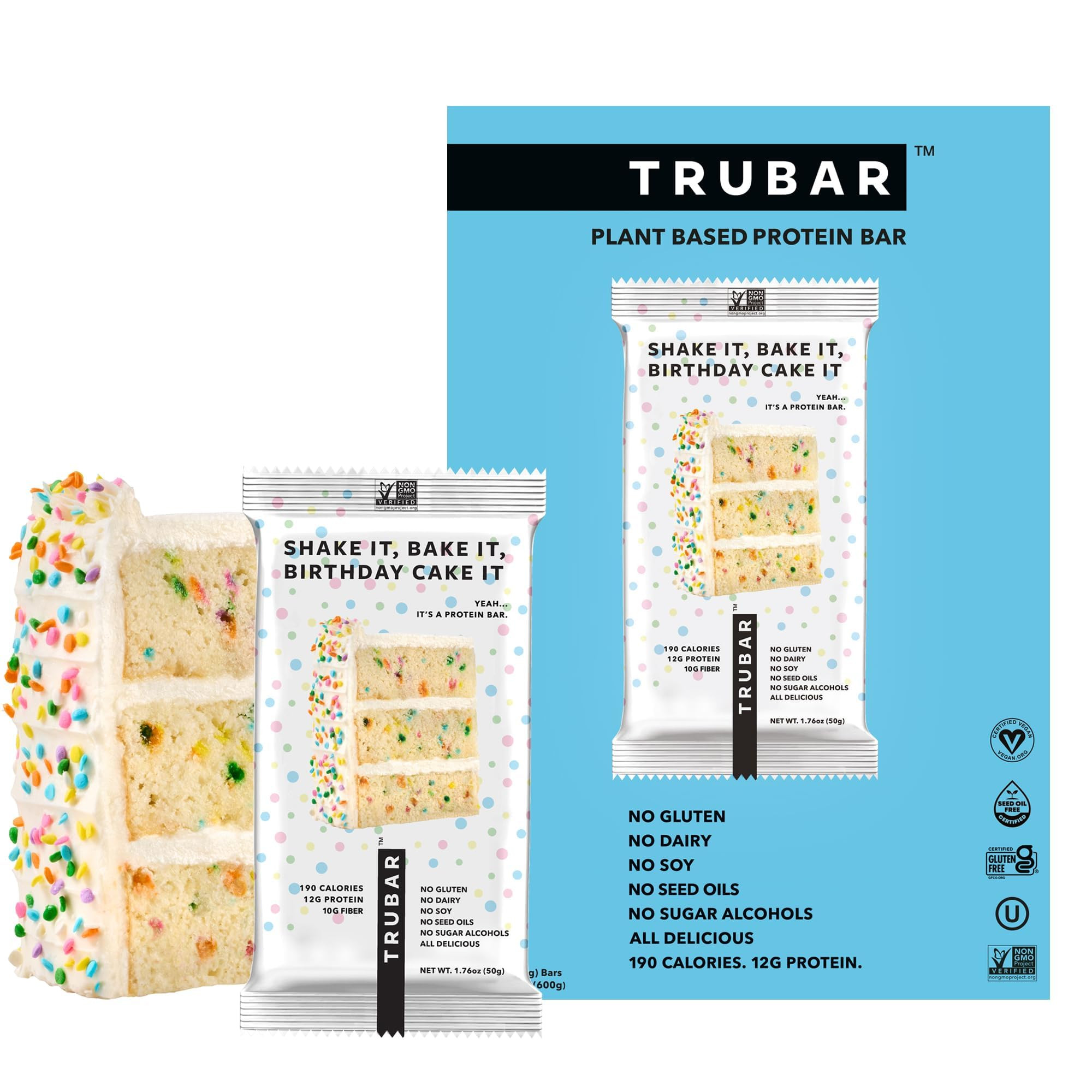 TRUBAR Vegan Protein Bar, Shake it Bake it Birthday Cake it, Gluten Free, Plant Based Protein, Da... | Amazon (US)