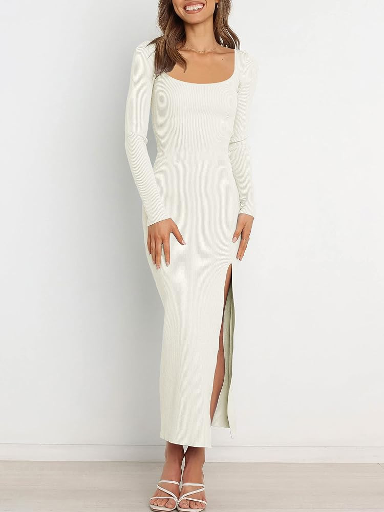 ANRABESS Women's Long Sleeve Square Neck Slit Bodycon Sweater Dress Ribbed Knit Slim Fit Maxi Long D | Amazon (US)