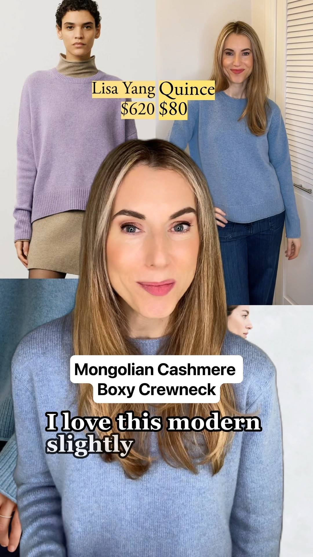 Here are the styles I’m reviewing:

1. 100% Organic Cotton Boyfriend Crew Sweater, dark olive, $50
2. 100% Yak Wool Turtleneck Sweater, heather brown, $70
3. Mongolian Cashmere Crewneck Sweater, strawberry melange, $50
4. Mongolian Cashmere Boxy Crewneck Sweater, faded denim, $80

I’m wearing size S in all the above. The sweaters fit me well, except the cashmere crewneck, whose sleeves are too short for me.

My size: 5’7”, usually 26 jeans, 0-4 in US sizes.

With all the buzz about burgundy and brown this season, the color of faded denim isn’t getting as much attention. I do love seeing it as an option this winter – ever since Hermès re-released bleu jean in 2023, it’s been on my mind.You can see how it flows with two denim colors at the end of the video.

#LTKVideo #LTKFindsUnder50 #LTKWorkwear