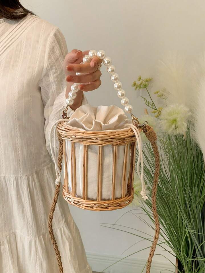 Woven Grass Bucket Bag, Woven Beach Bag With Faux Pearl Handle, Small Woven Basket Women's Handba... | SHEIN