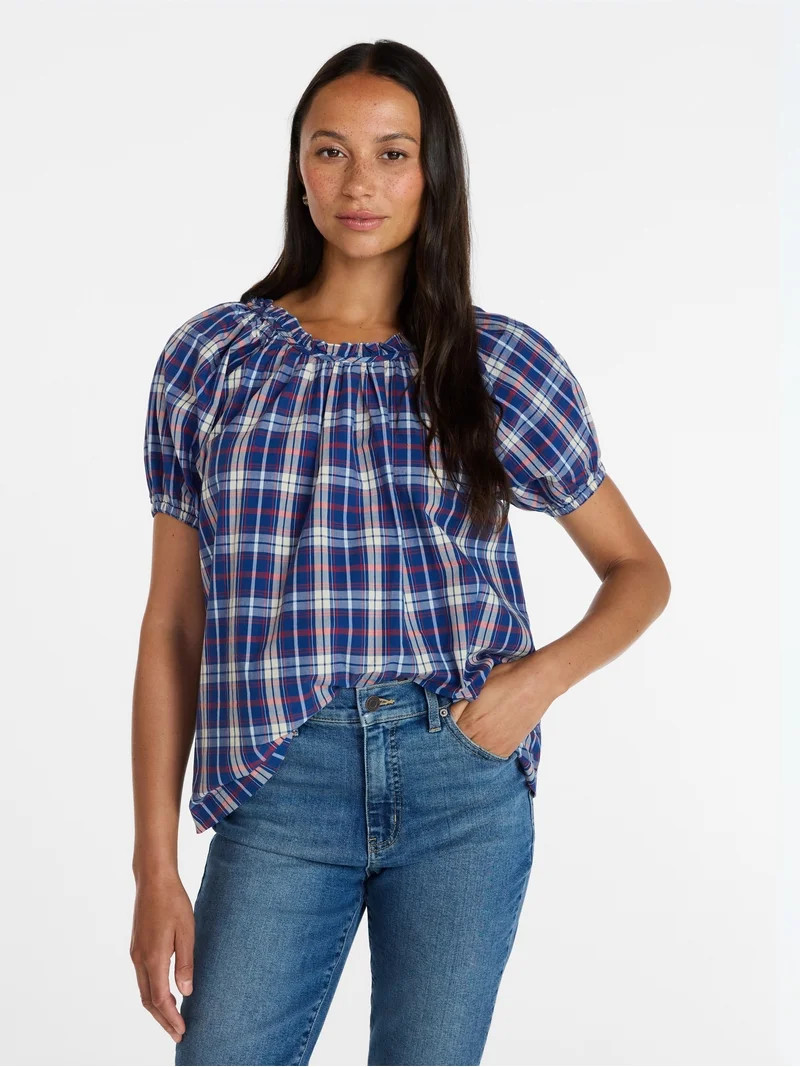Time and Tru Women's Ruffle Neck Cotton Top with Short Puff Sleeves, Sizes XS-XXXL | Walmart (US)