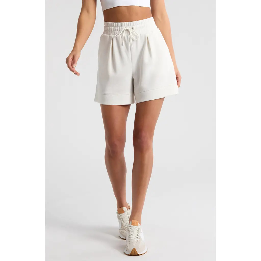 Zella Ultra Soft High Waist Scuba Knit Shorts in Beige Ivory Heather at Nordstrom, Size X-Large | Nordstrom