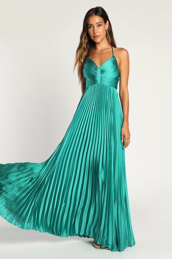 Dreaming in Color Green V-Neck Pleated Satin Maxi Dress | Lulus