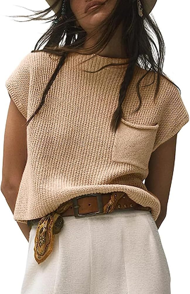 Langwyqu Womens Cropped Sweater Vest Mock Neck Cap Sleeve Casual Sleeveless Knit Pullover Solid V... | Amazon (US)