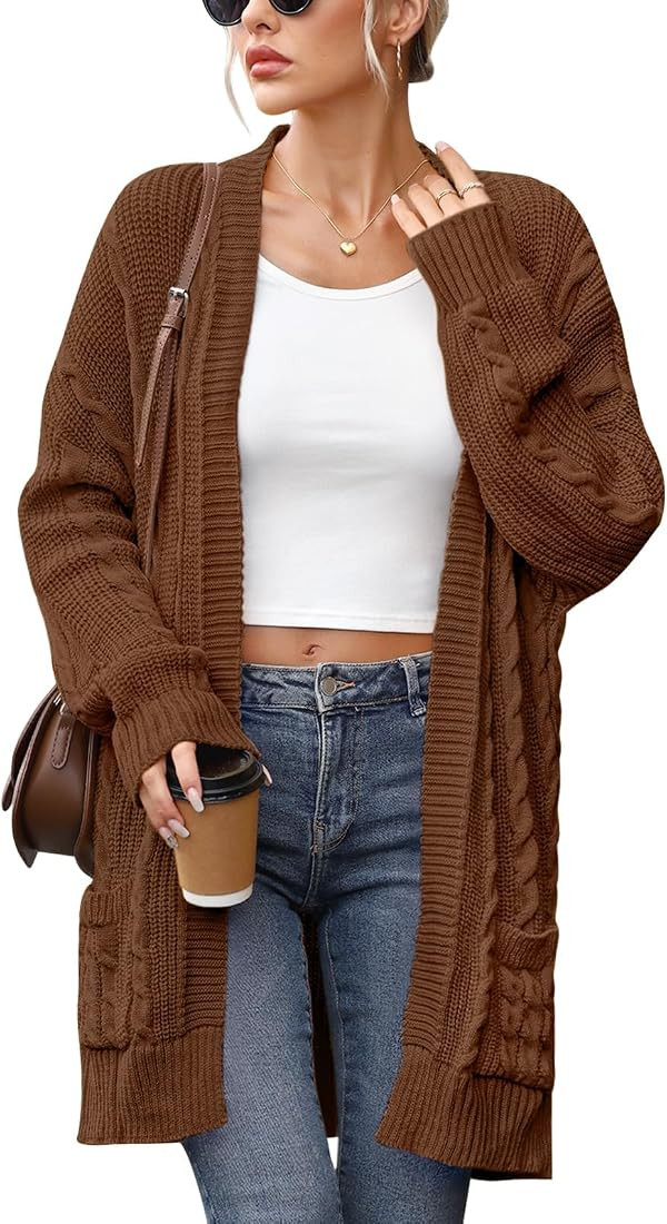 For G and PL Women's Cable Knit Open Front Long Sleeve Cardigan with Pockets | Amazon (US)