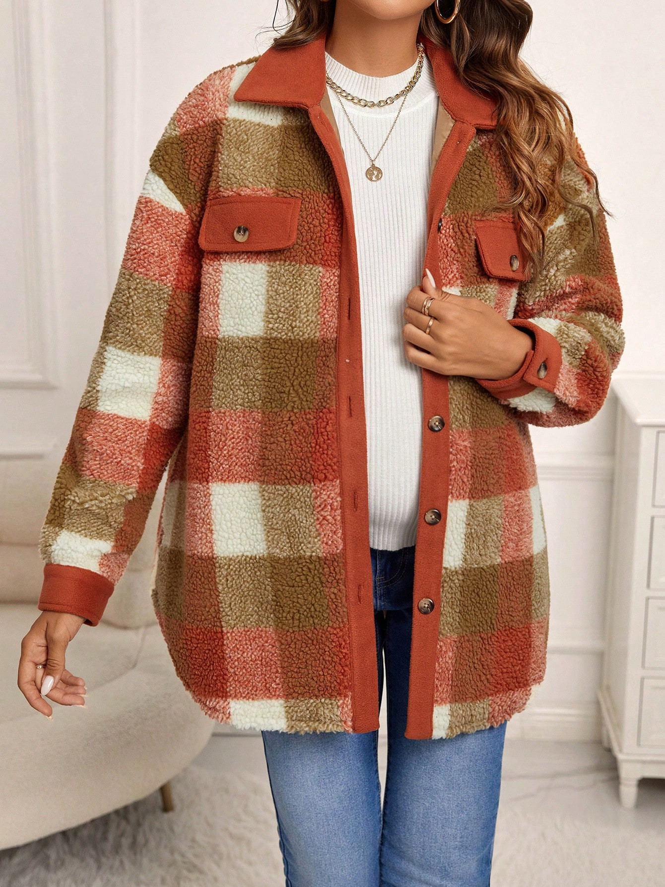 SHEIN Maternity Plaid Print Drop Shoulder Teddy Coat | SHEIN