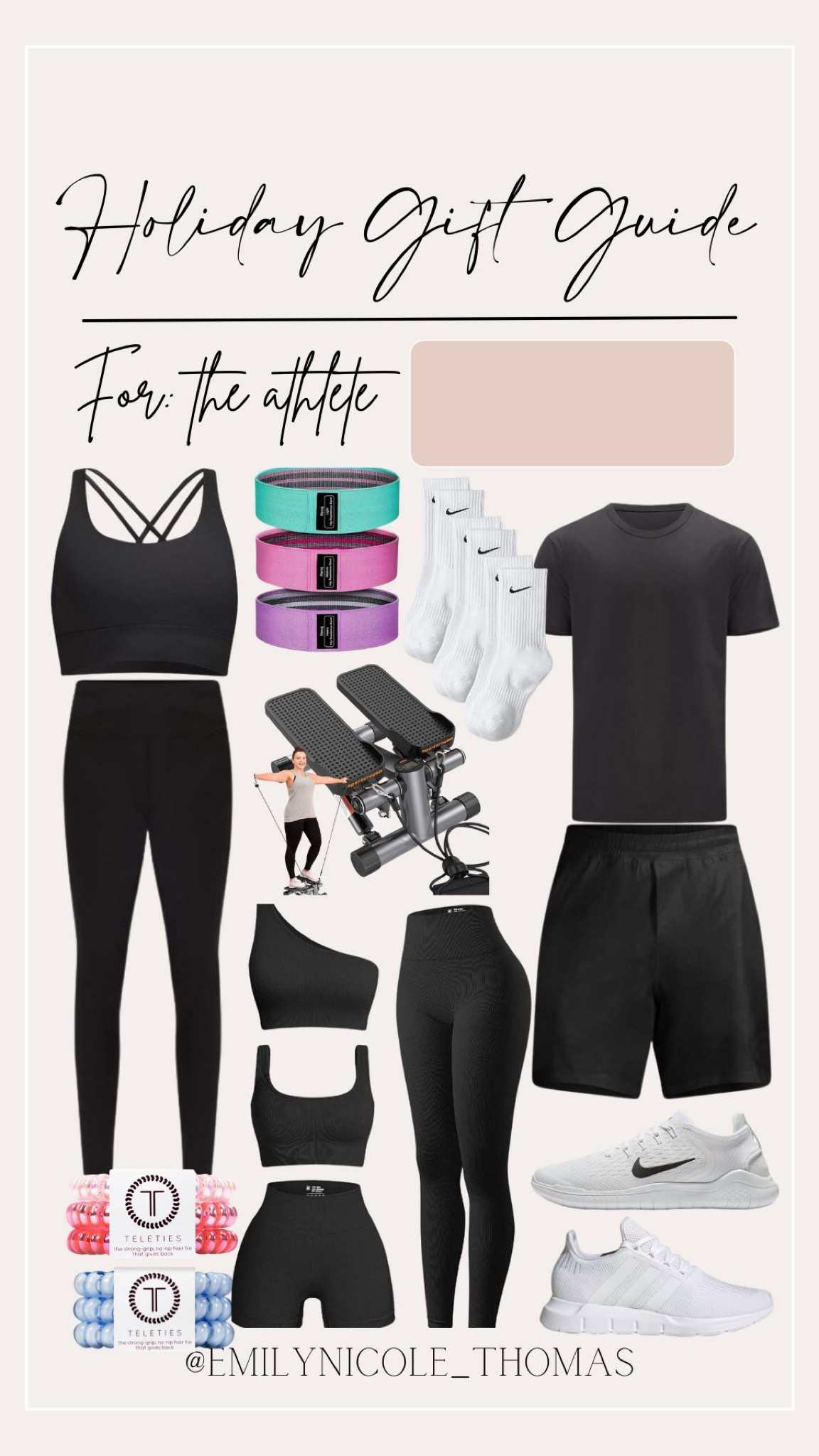 Holiday Gift Guide for athletes💪🏼 

Lululemon tops & bottoms: size 6
Lululemon guys: size XL for Bryan 
Amazon set: size small/medium 
Shoes: size 10